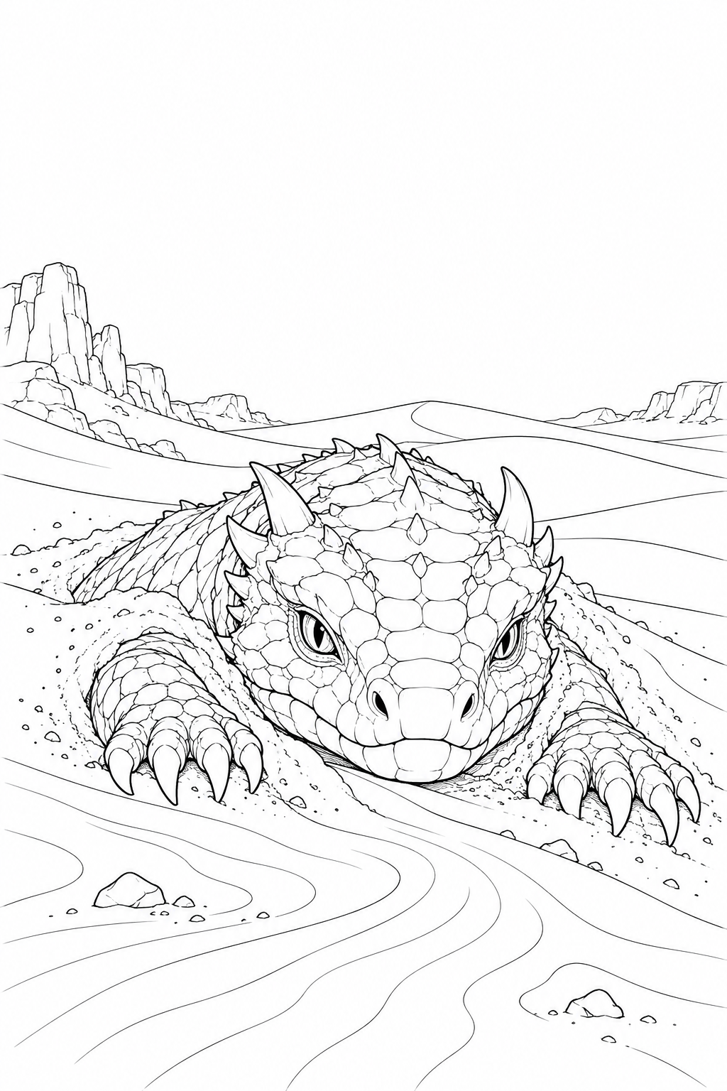 Coloriage Dragon émergeant du sable