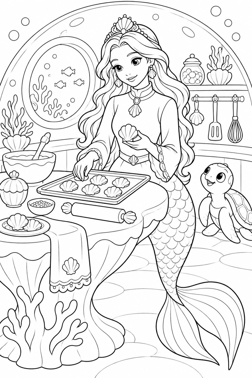 人魚姫：魔法の台所で貝クッキー作りの塗り絵