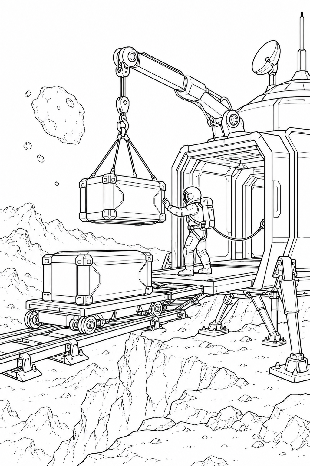 小惑星の岩山基地：コンテナを運ぶクレーンの塗り絵