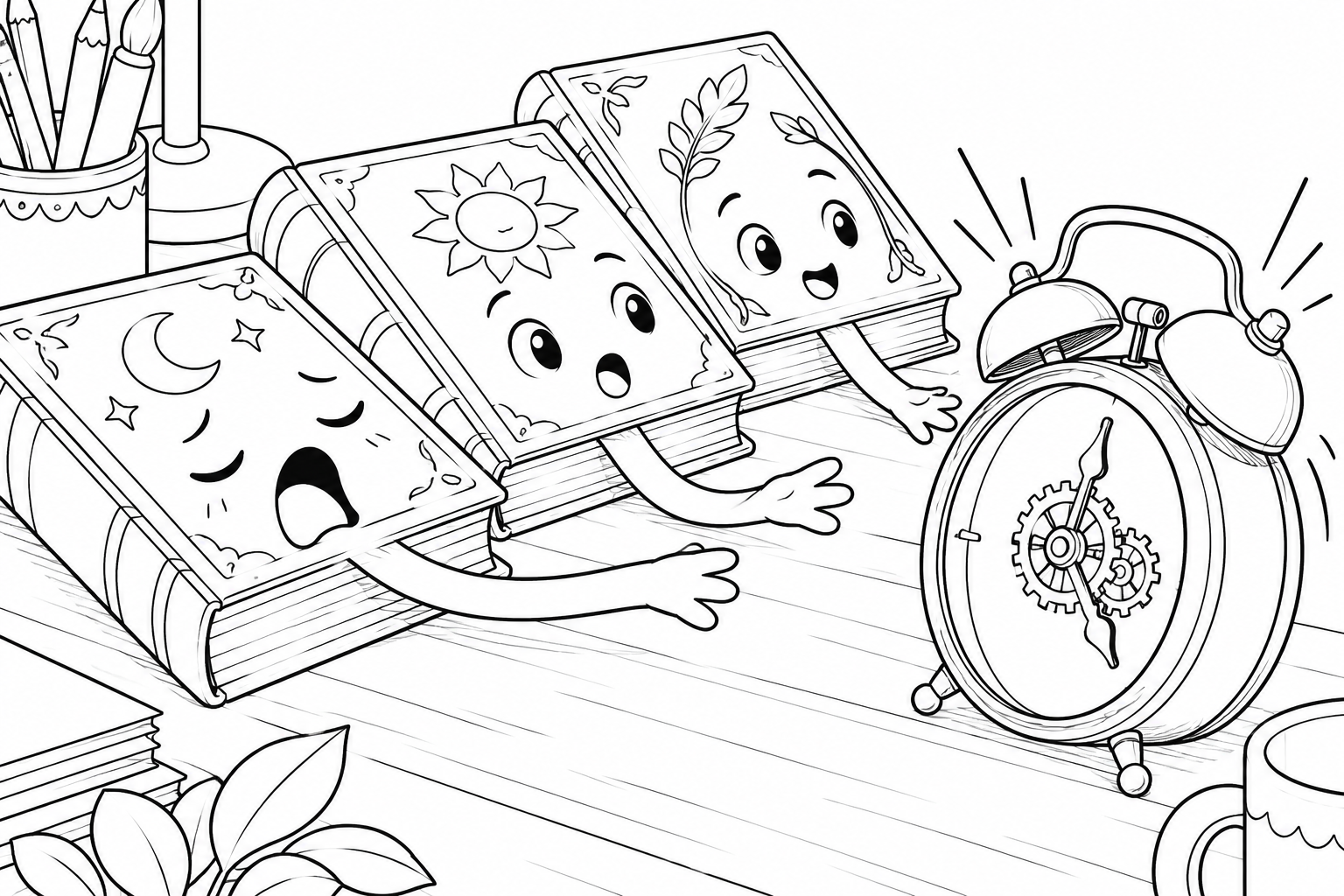 目覚まし時計で起きる本の塗り絵