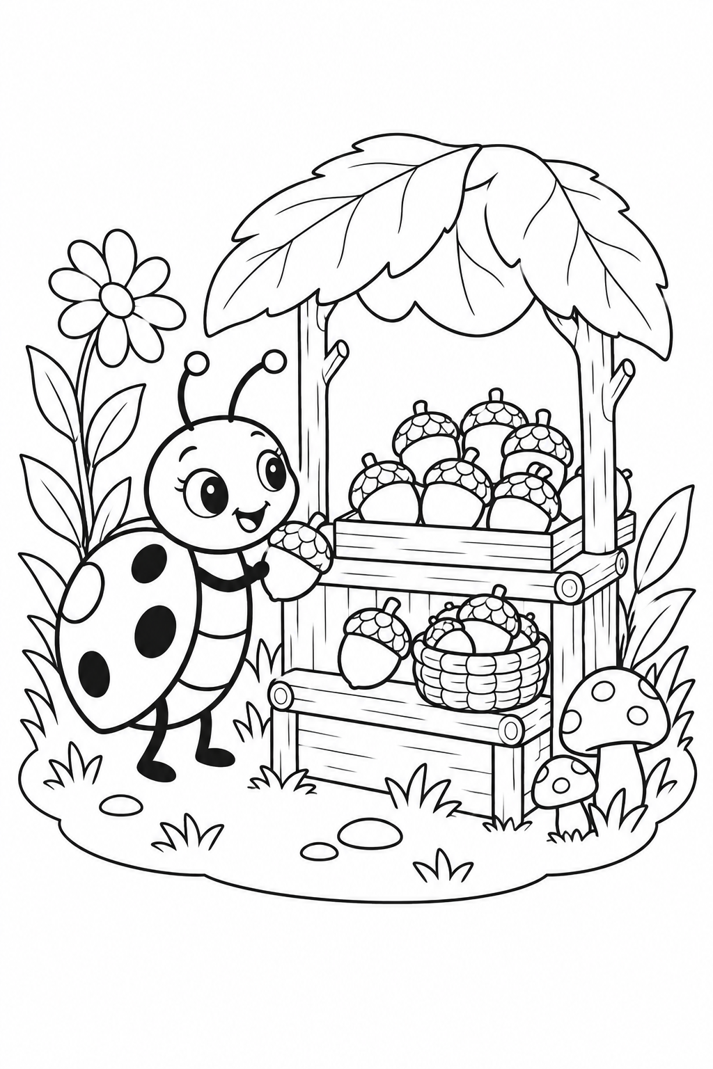 Desenho de A joaninha e a barraquinha de bolotas para colorir