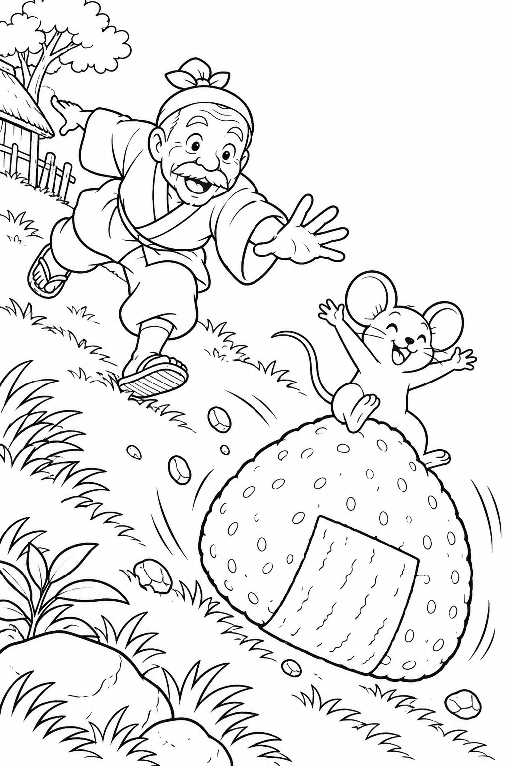 おむすびころりん・ギャグ:坂道をころがるおむすびの塗り絵