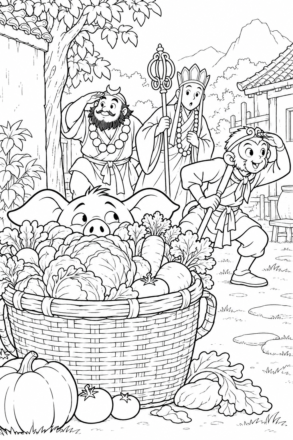どたばた西遊記：八戒と市場のかごの塗り絵