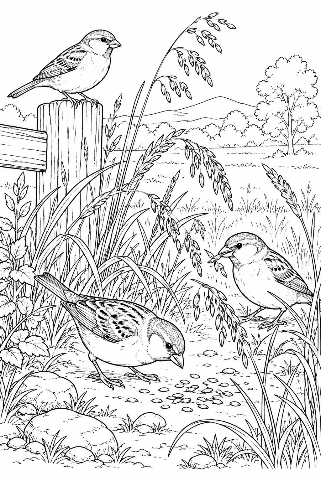 Dibujo de Una escena natural: Gorriones y semillas de hierba para colorear
