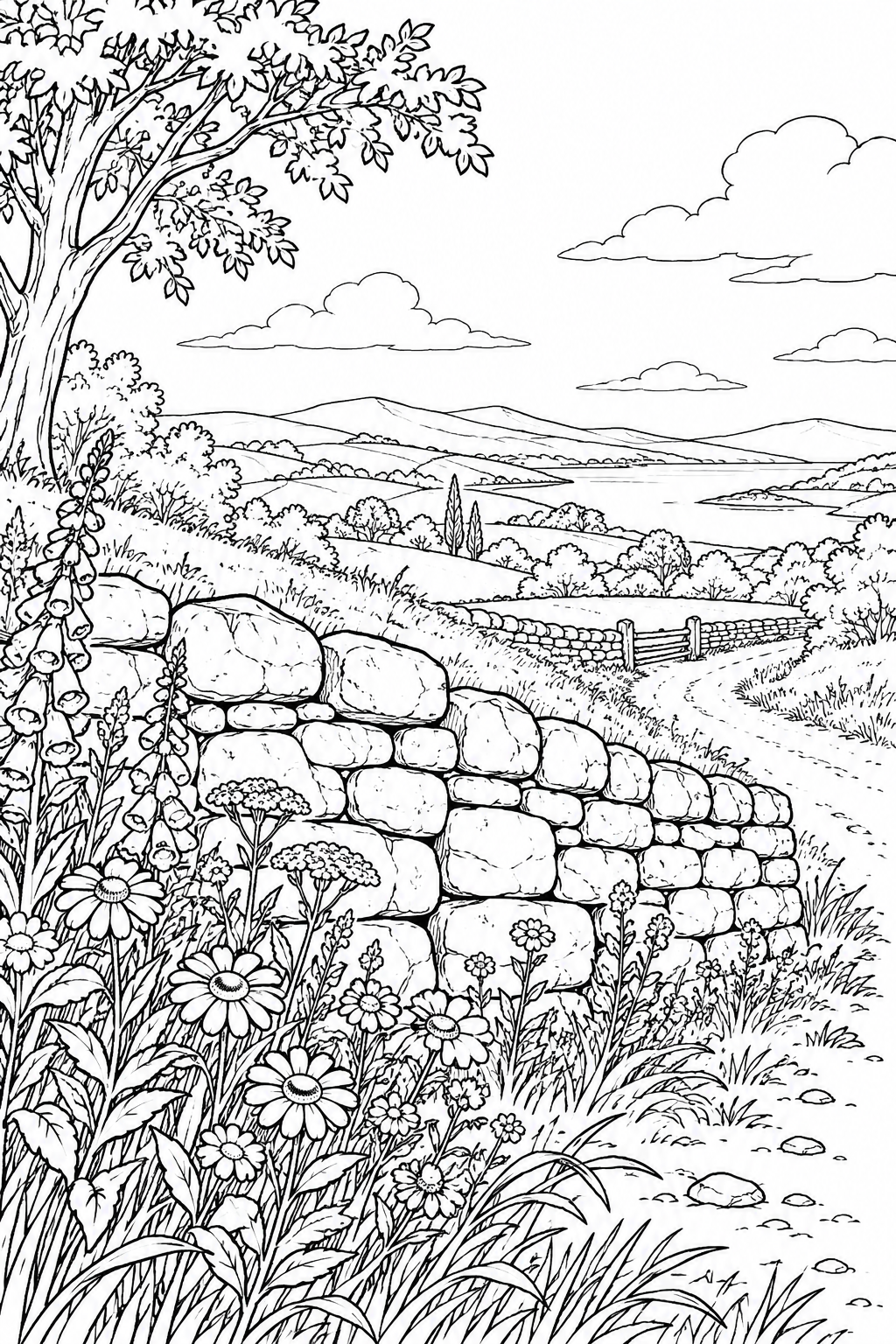 自然のひとこま：野の花が咲く石垣の塗り絵