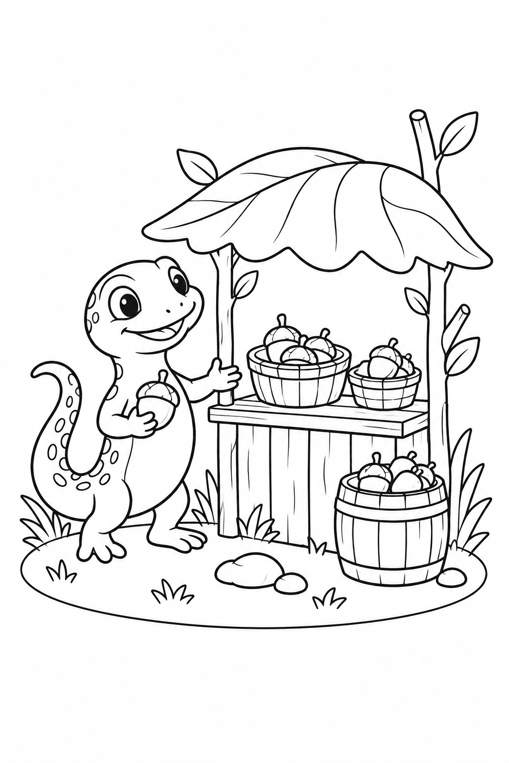 Desenho de O lagarto e a barraquinha de bolotas para colorir
