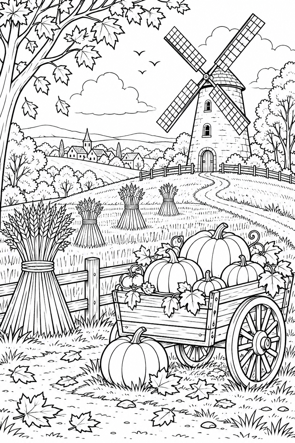 Coloriage Colline au moulin à vent — automne