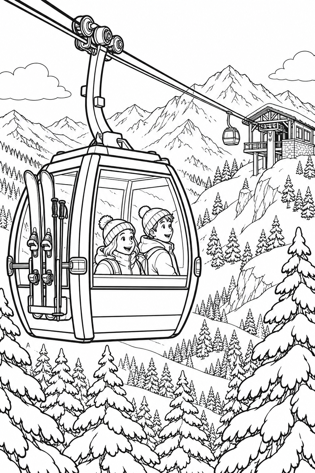 冬のロープウェイの山旅の塗り絵