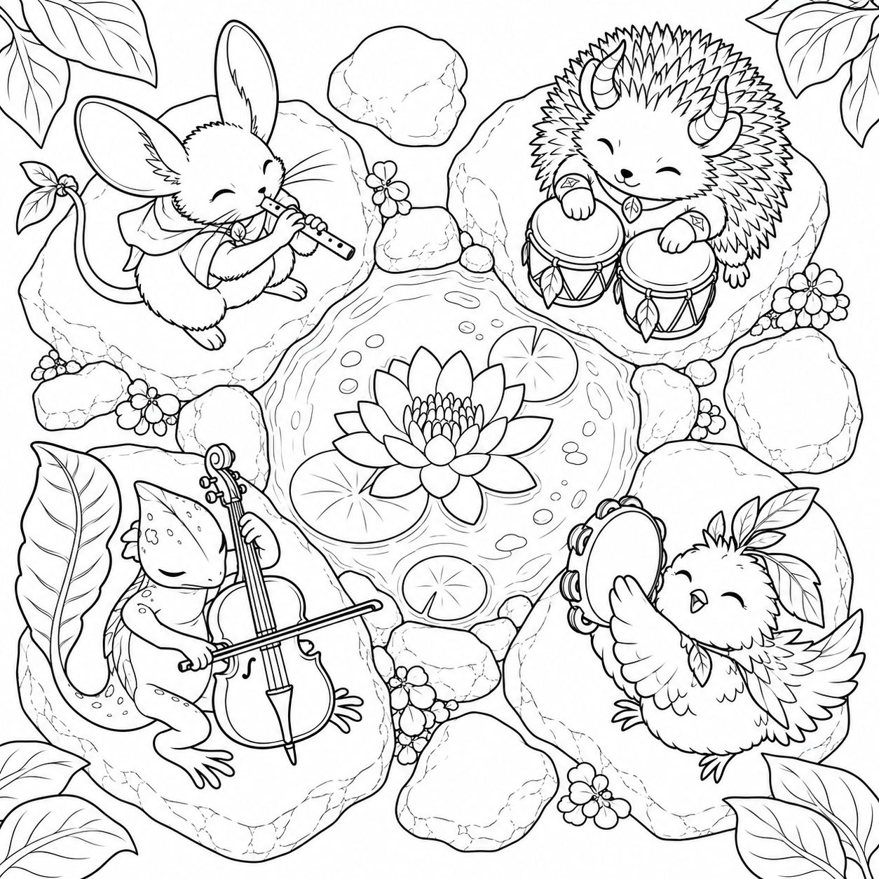 泉を囲む幻獣の音楽会の塗り絵