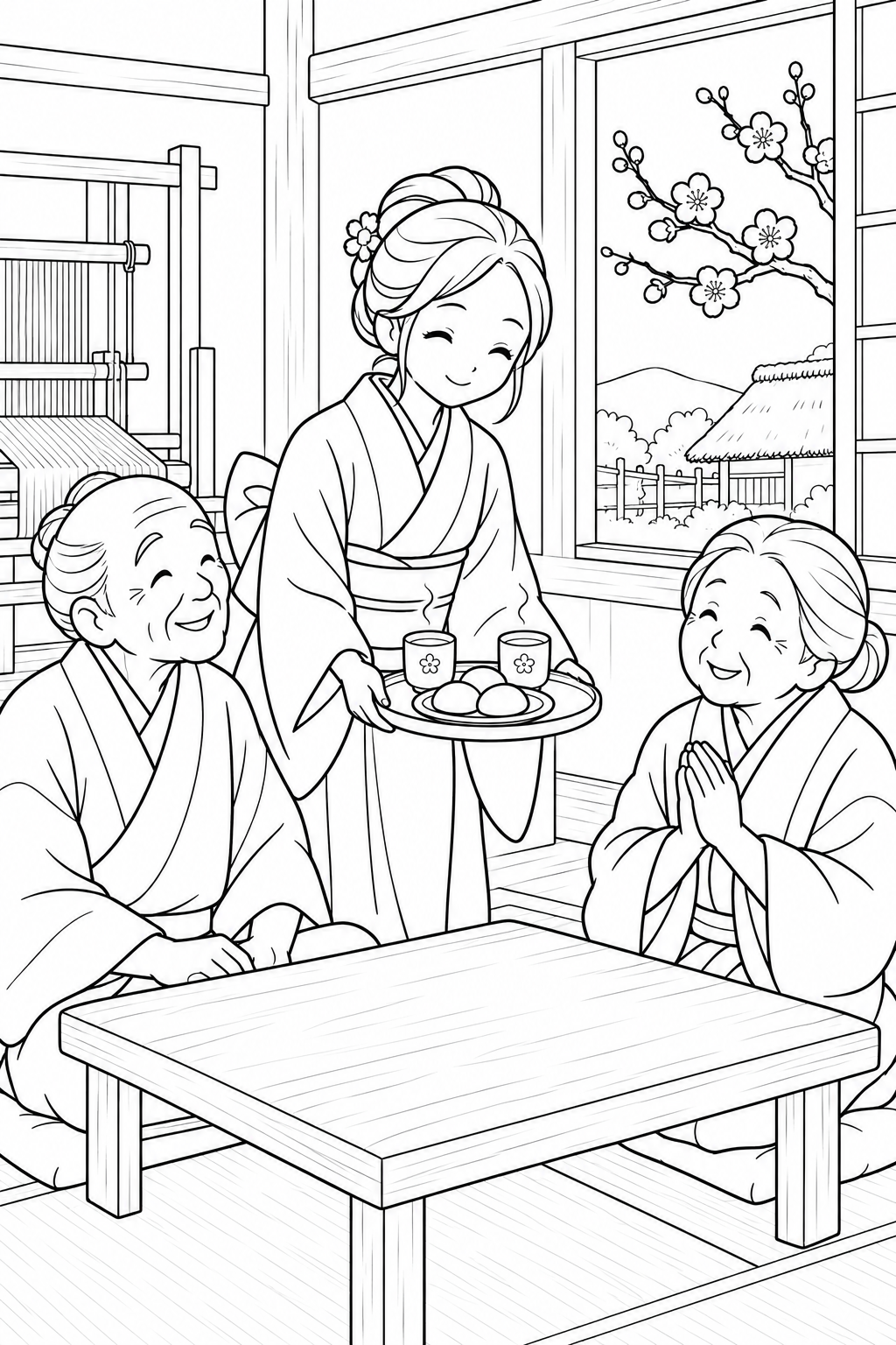 つるの恩返し:梅の窓辺でお茶の時間の塗り絵