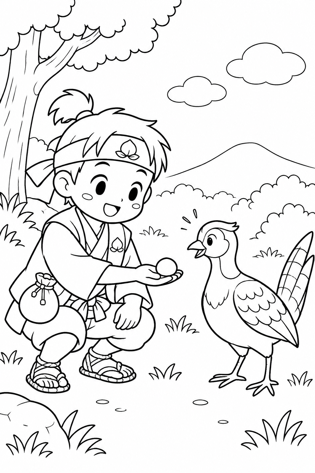 Gambar mewarnai Momotaro yang hangat:Kue millet untuk burung pegar