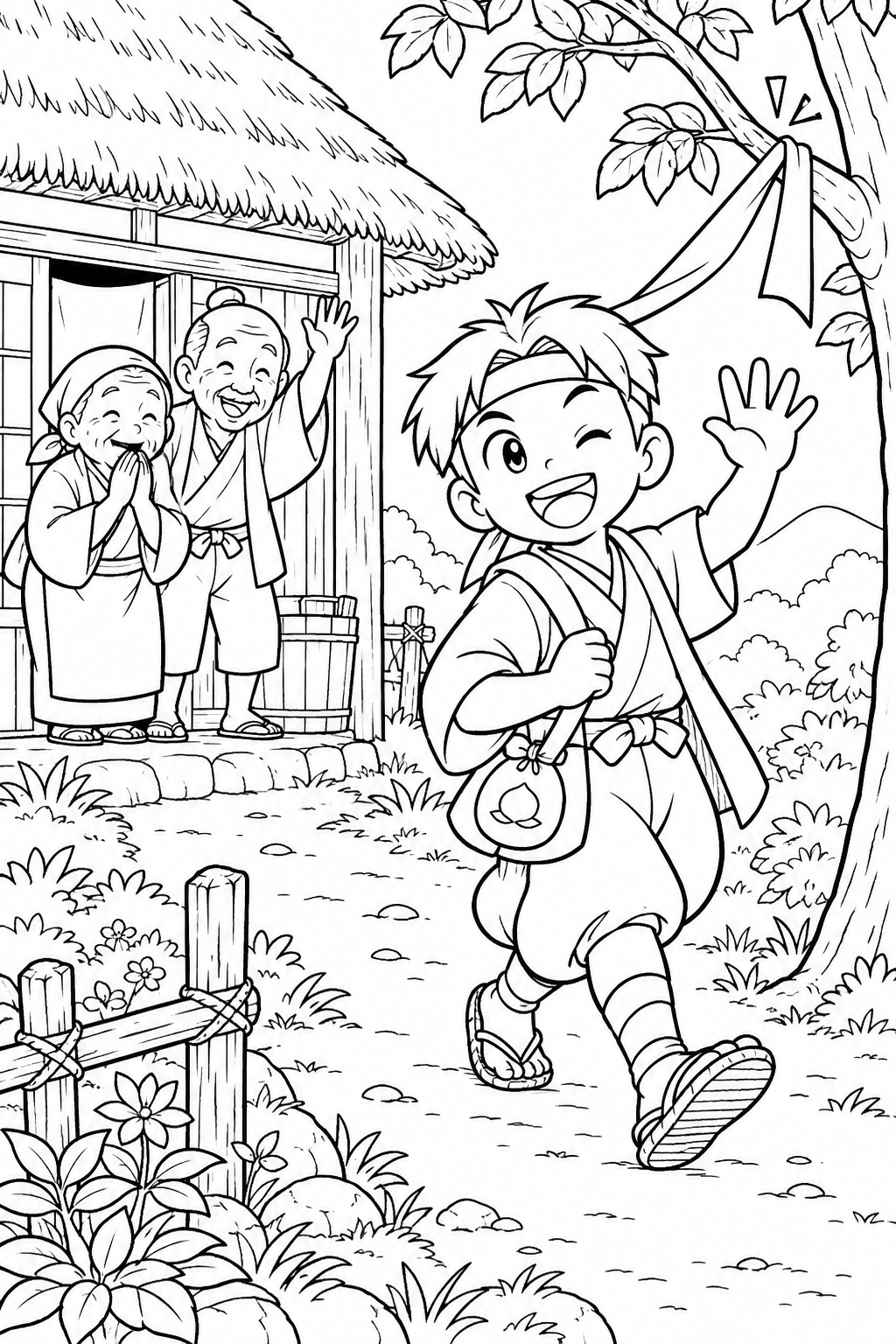 ギャグ桃太郎:桃太郎と家族のお見送りの塗り絵