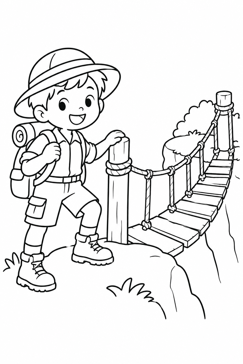 探検家と吊り橋の塗り絵