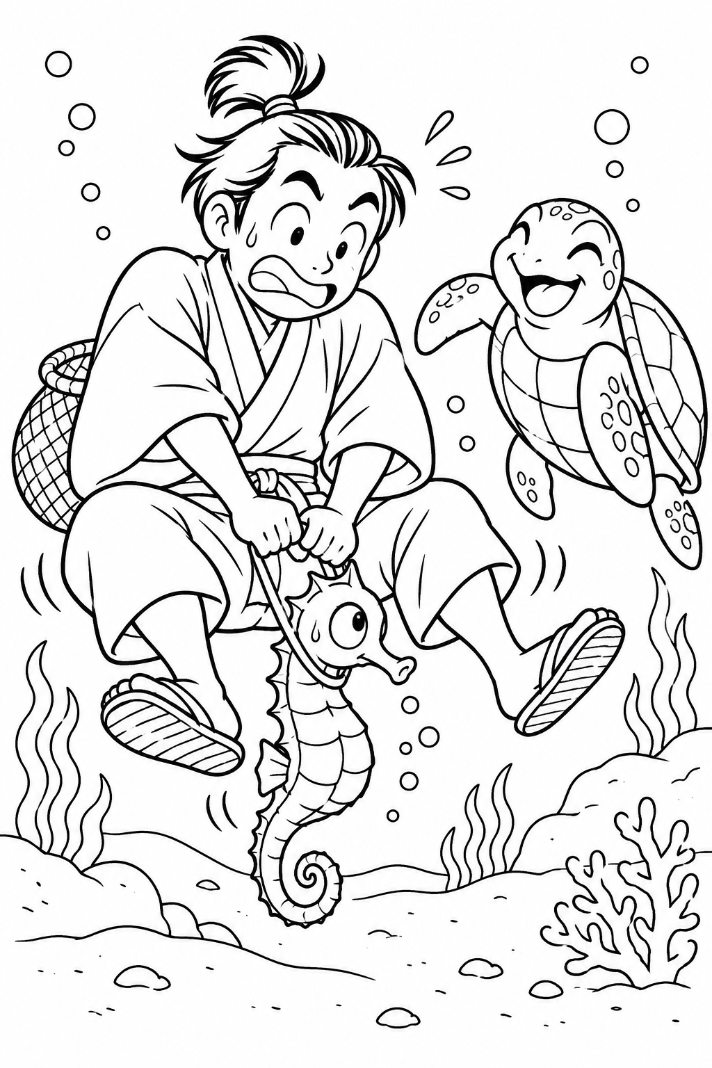 Gambar mewarnai Urashima Taro:Kuda lautnya terlalu kecil(Humor)
