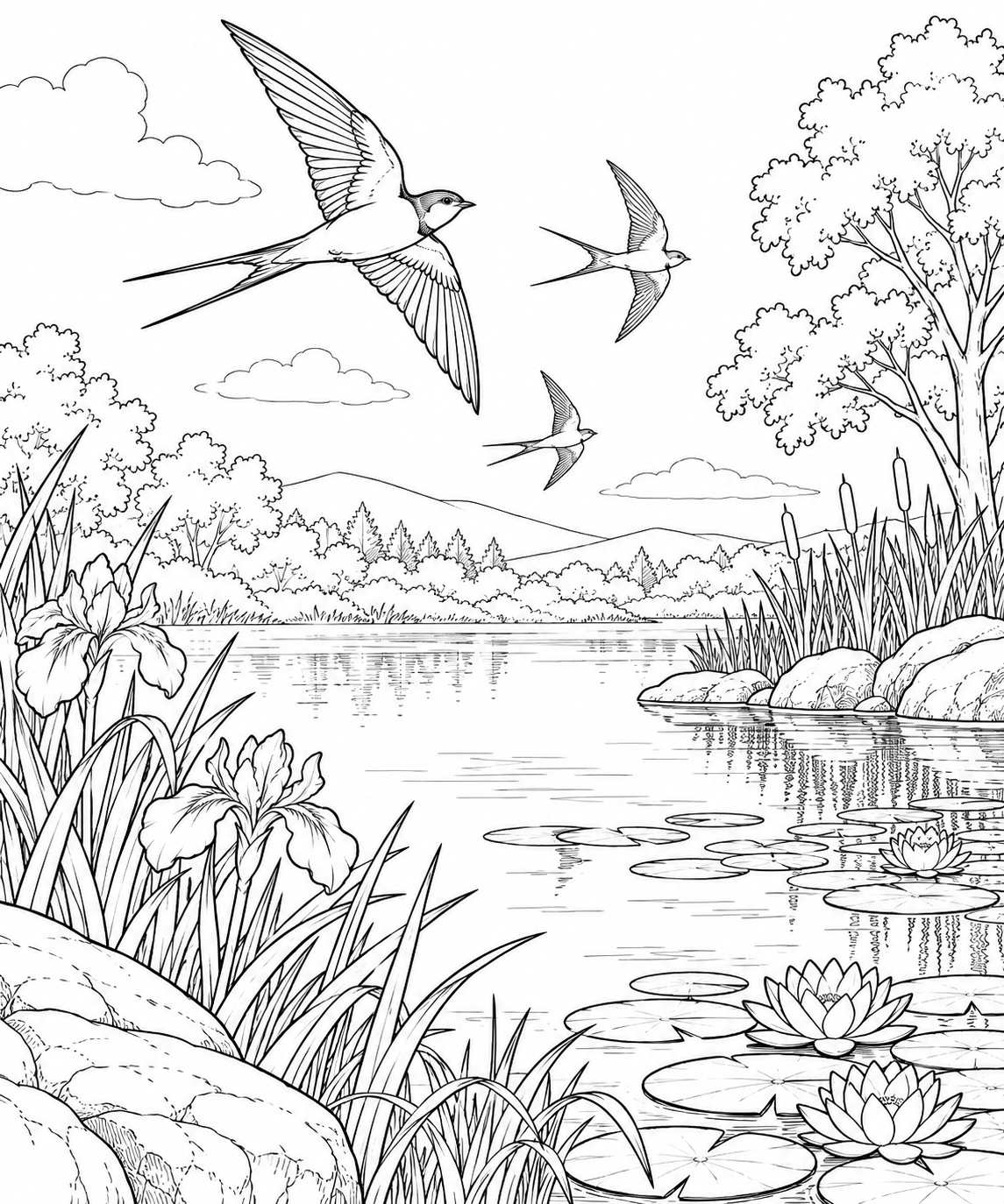 自然のひとこま:ツバメと静かな池の塗り絵