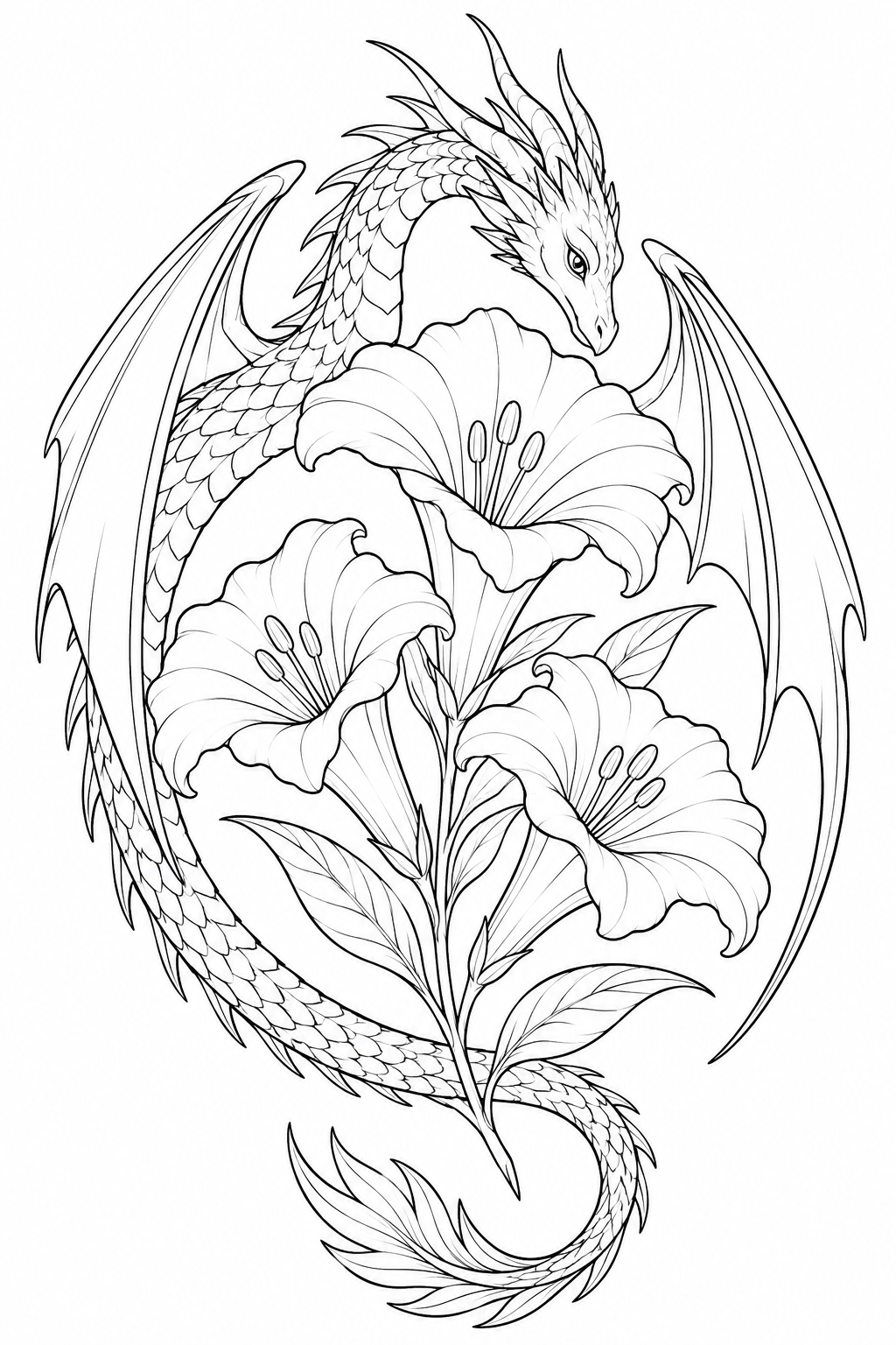 Dibujo de Dragón en torno a trompetas florales para colorear