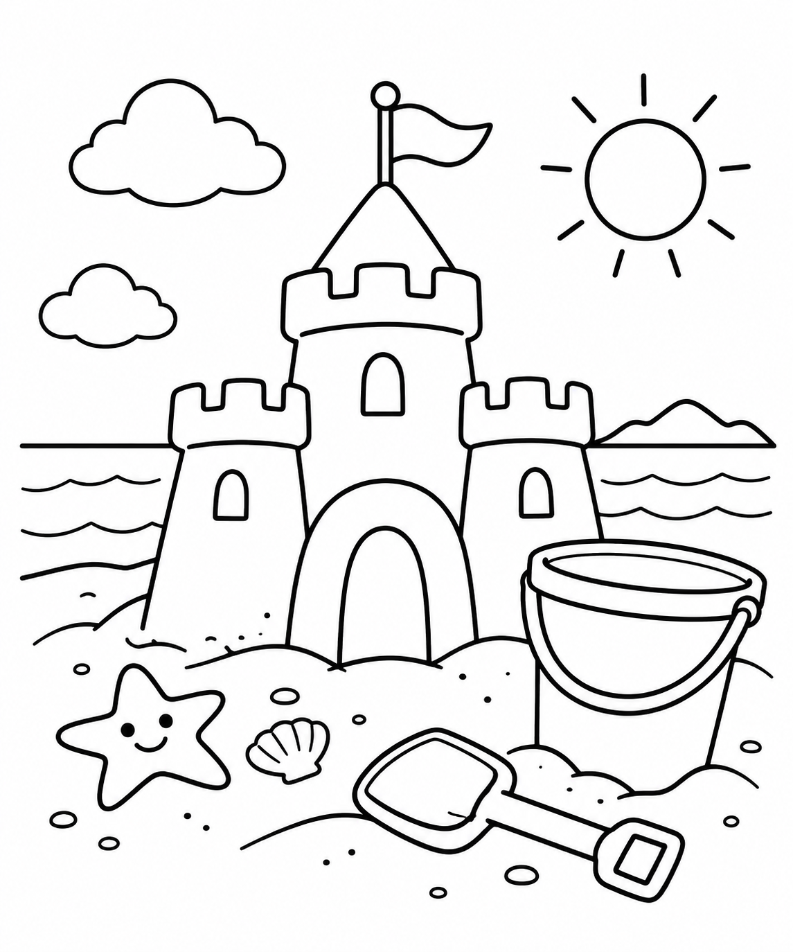 Dibujo de Castillo de arena y cubo para colorear