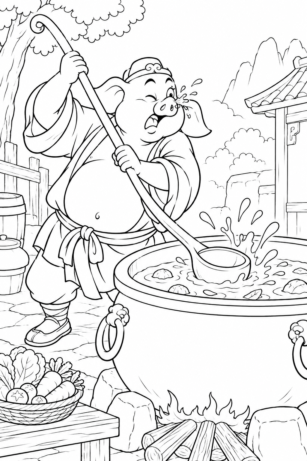 Dibujo de Viaje al Oeste cómico：Bajie y la olla de viaje para colorear