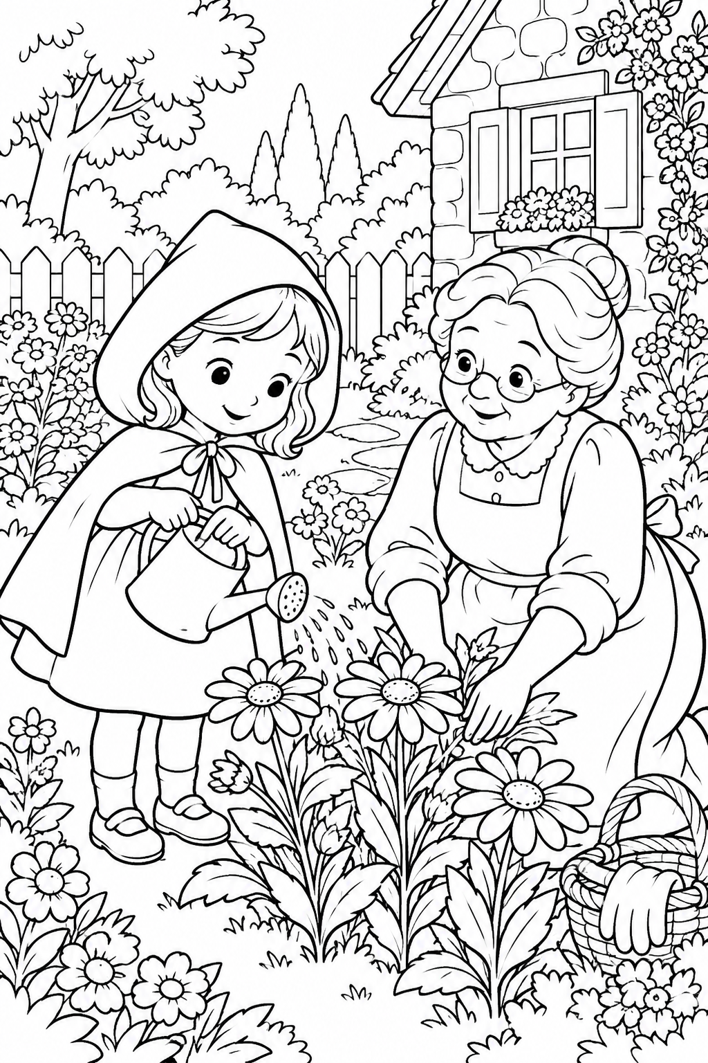 Dibujo de Caperucita Roja — Regando el jardín de la abuela para colorear