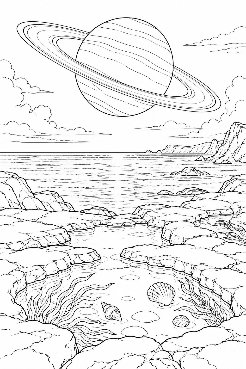 潮だまりの岩礁と環のある惑星の塗り絵