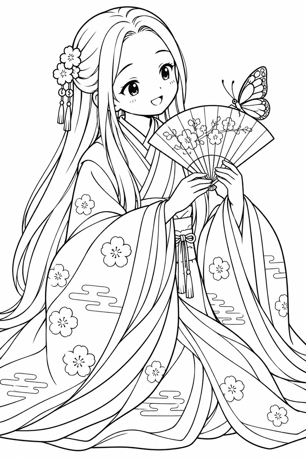 Dibujo de El abanico de Kaguya y una mariposa para colorear
