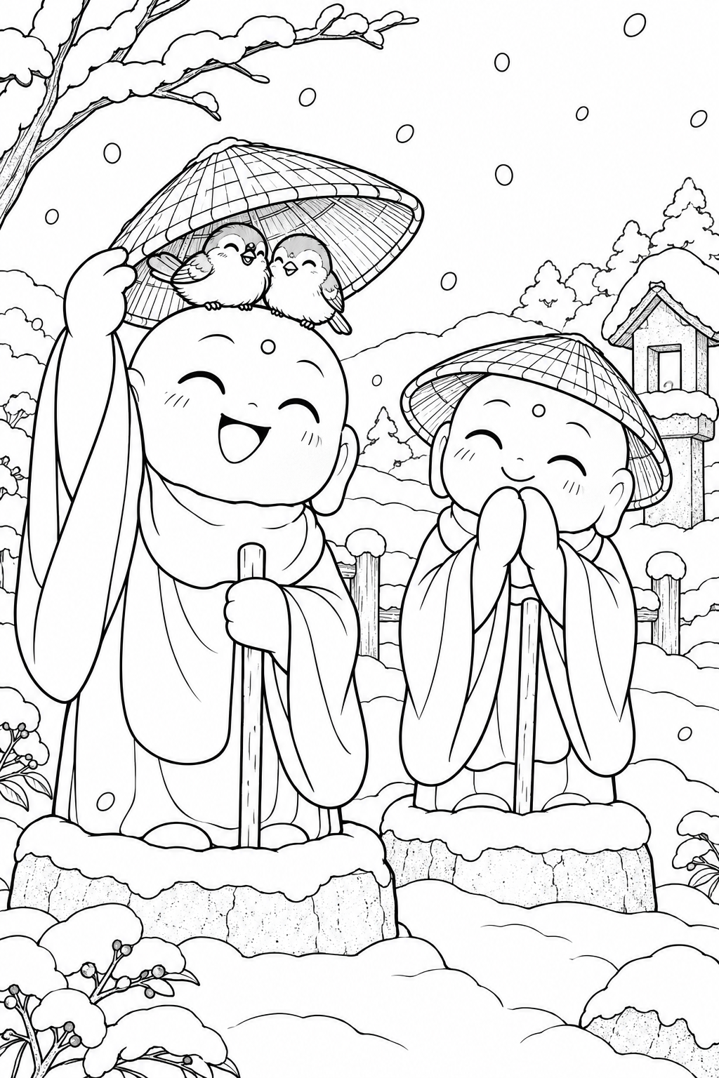笠地藏：笠帽下冒出小麻雀涂色页