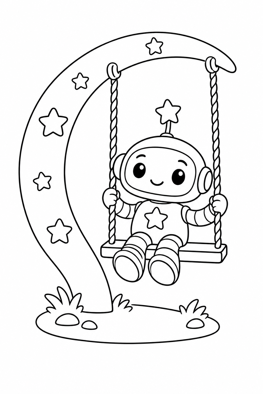 星の配達ロボットと星のブランコの塗り絵