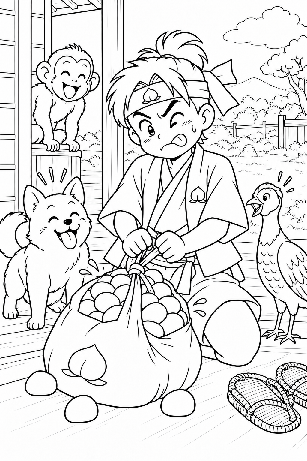 Gambar mewarnai Momotaro yang jenaka:Persiapan perjalanan Momotaro