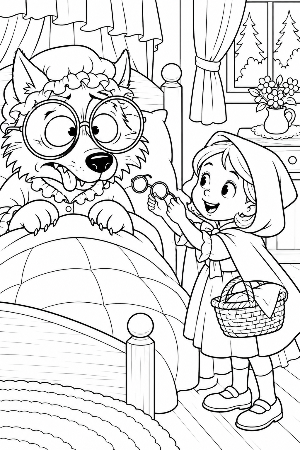 Coloriage Le Petit Chaperon rouge — Étourdi avec les lunettes de grand-mère