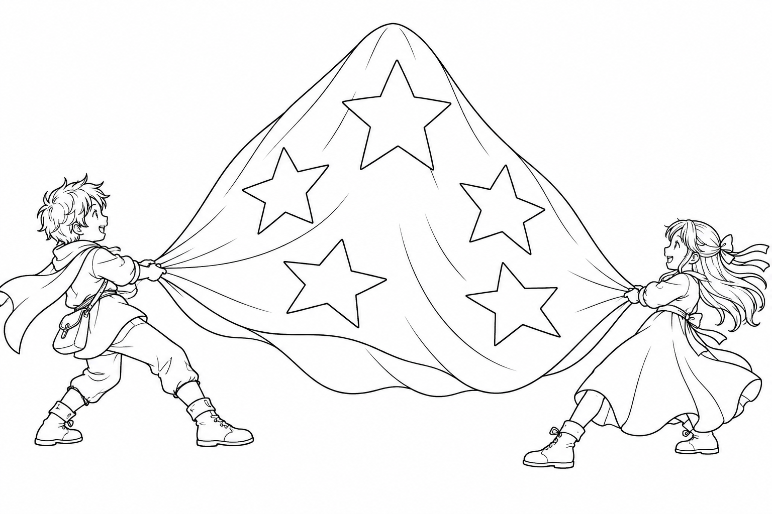 夜空の布を引く二人の子どもの塗り絵