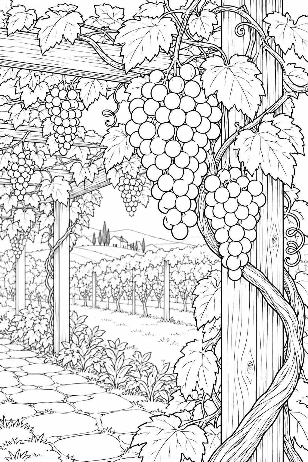 Coloriage Scène de nature : Grappes de raisin et vrilles