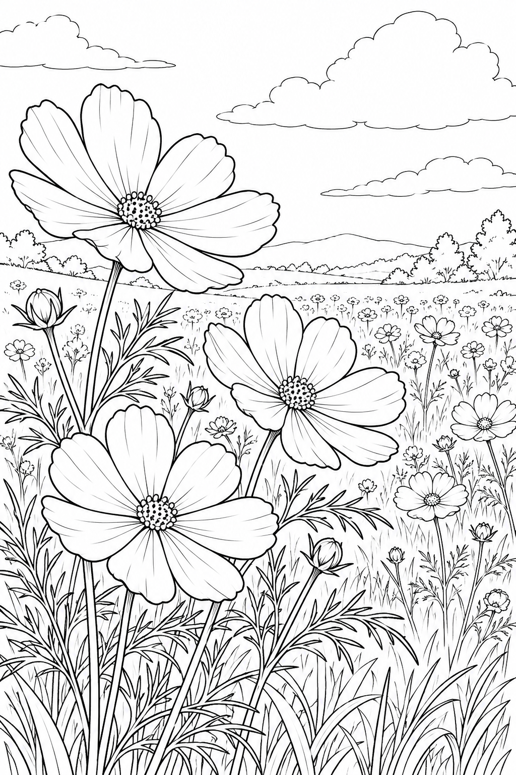 Coloriage Scène de nature : Fleurs de cosmos et feuilles fines