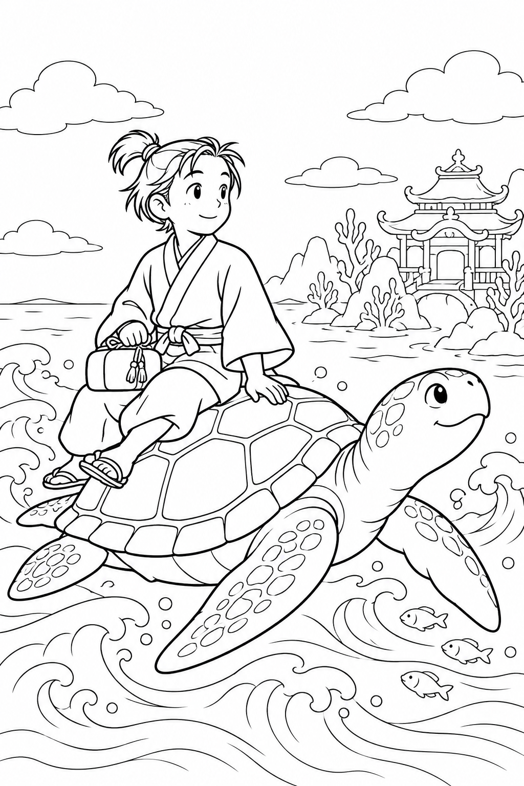 浦島太郎：亀の背に乗って出発（ほっこり）の塗り絵