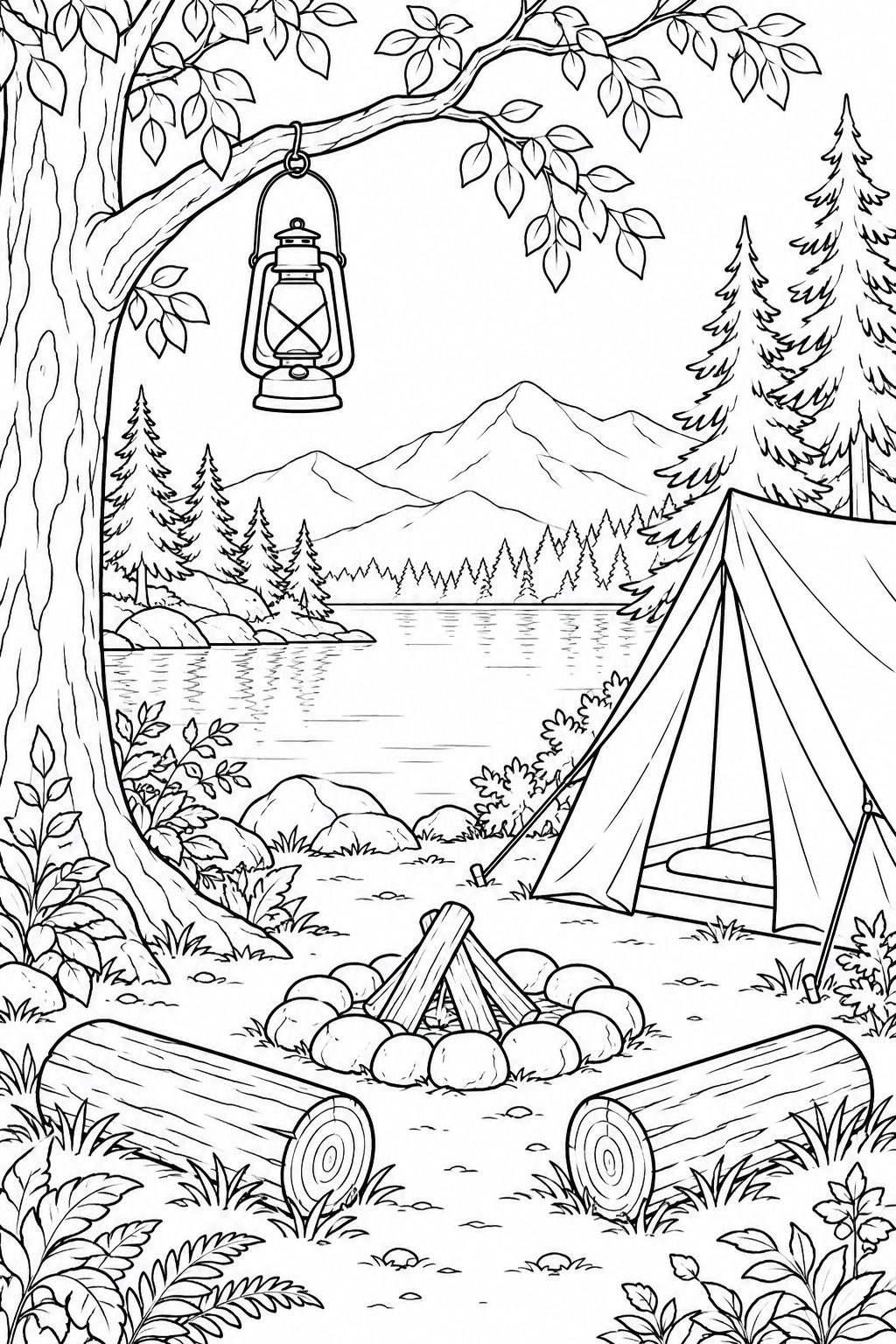 Woodland Campsite with a Hanging Lantern coloring page