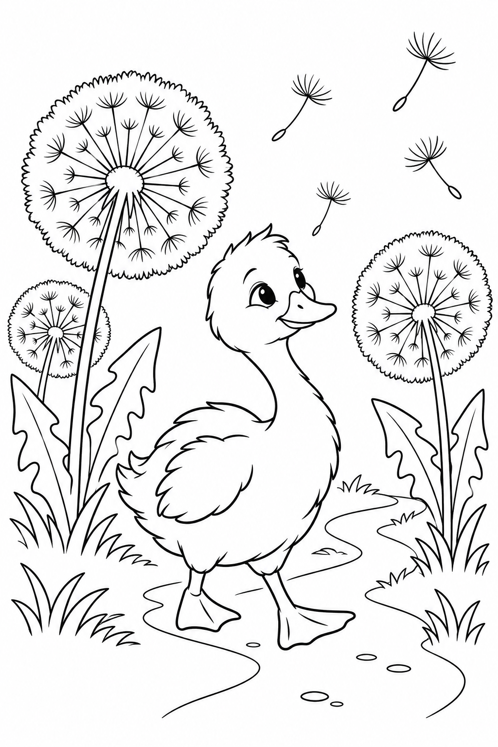 醜いアヒルの子：たんぽぽの綿毛とおさんぽの塗り絵