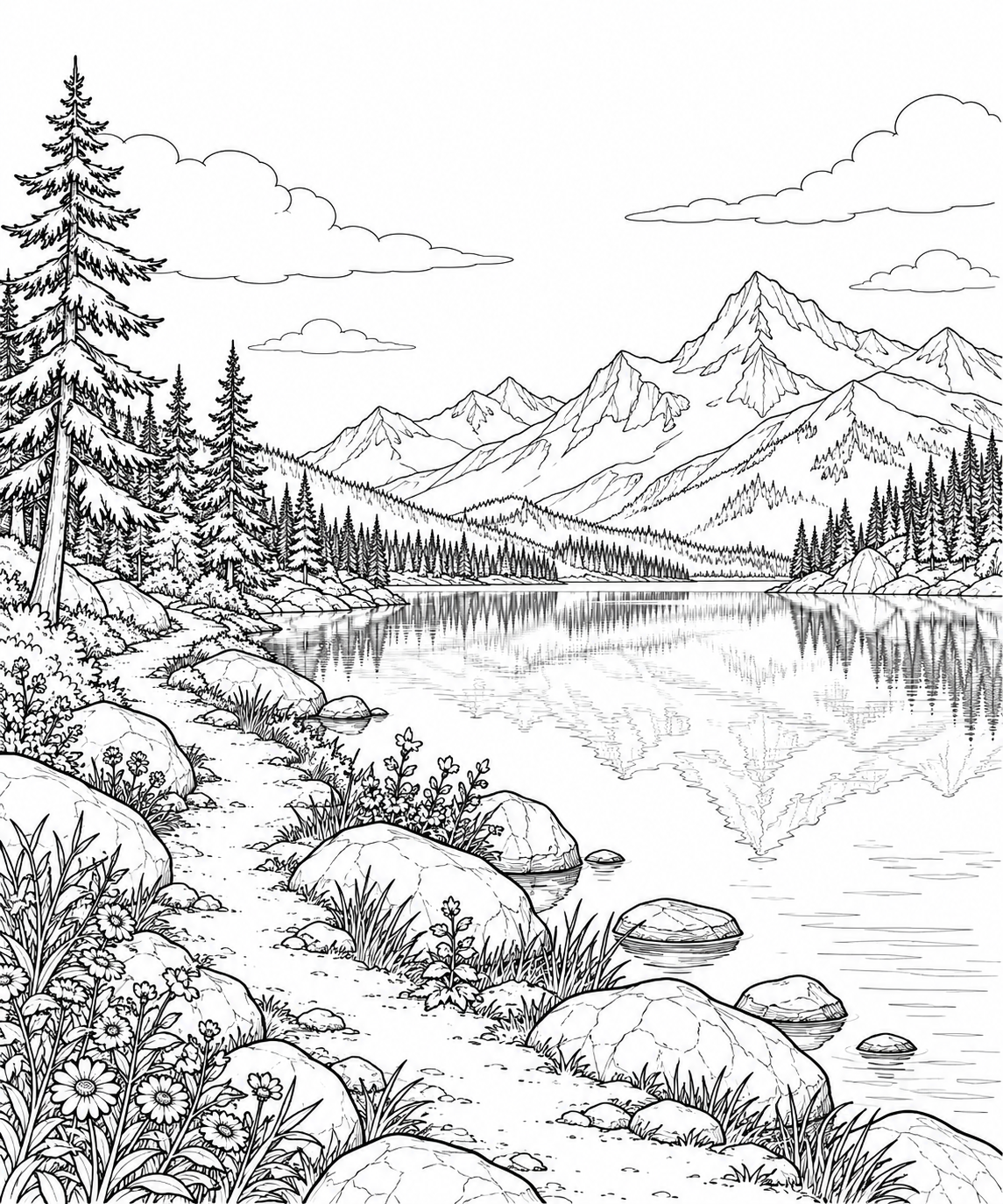 Dibujo de Una escena natural: Lago tranquilo que refleja montañas para colorear
