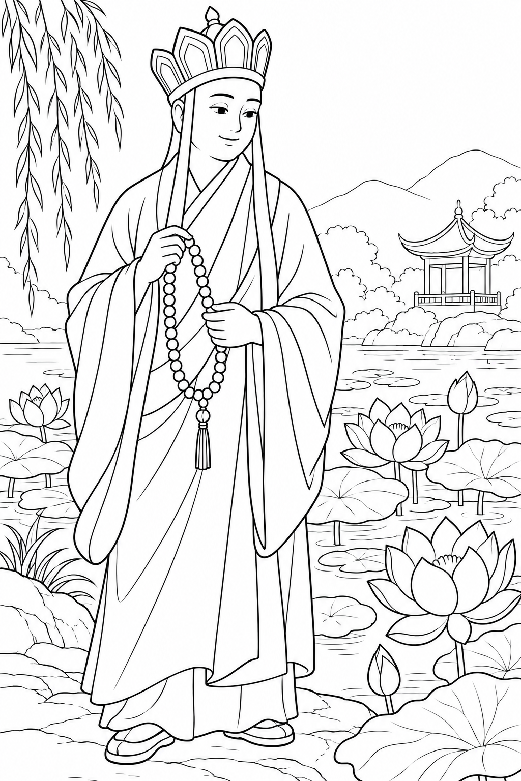 ほっこり西遊記:三蔵と蓮の池の塗り絵