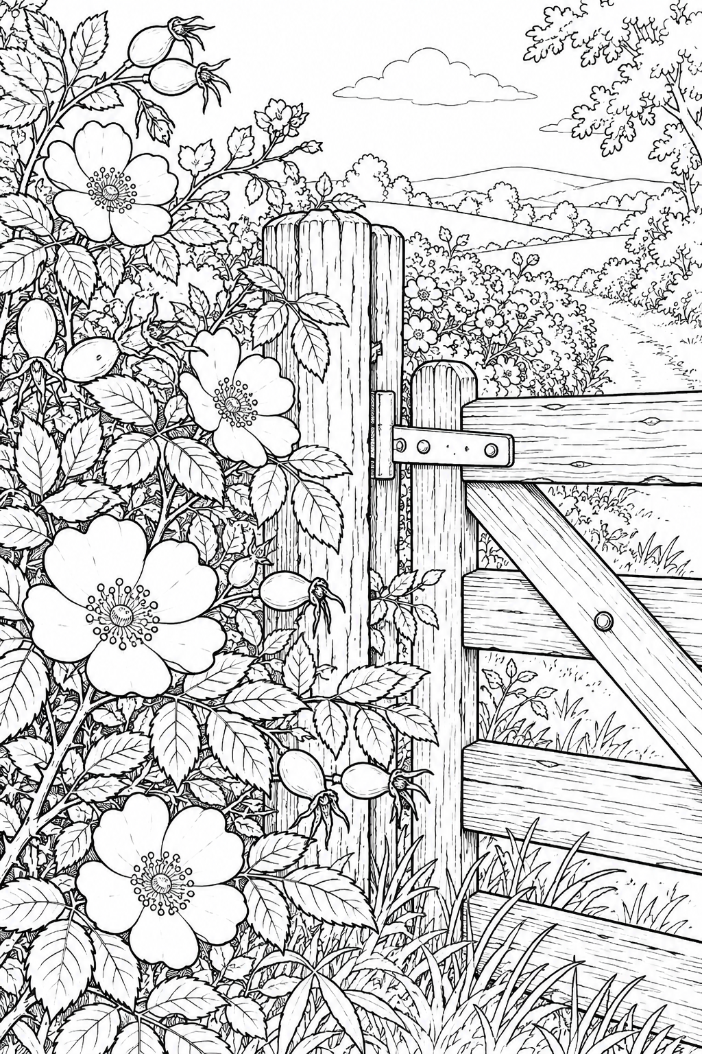 A natural scene: Wild roses and rose hips coloring page