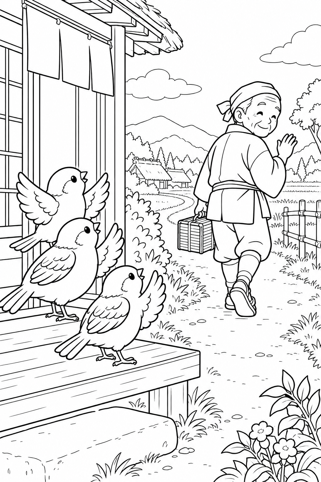 したきりすずめ:手をふるすずめのお見送りの塗り絵