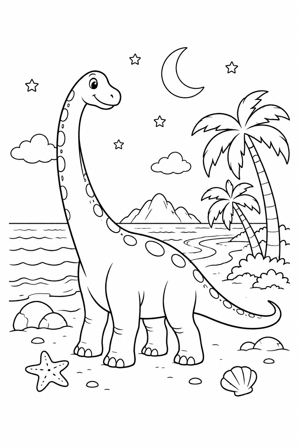 Dibujo de El diplodocus en la playa bajo la luna para colorear