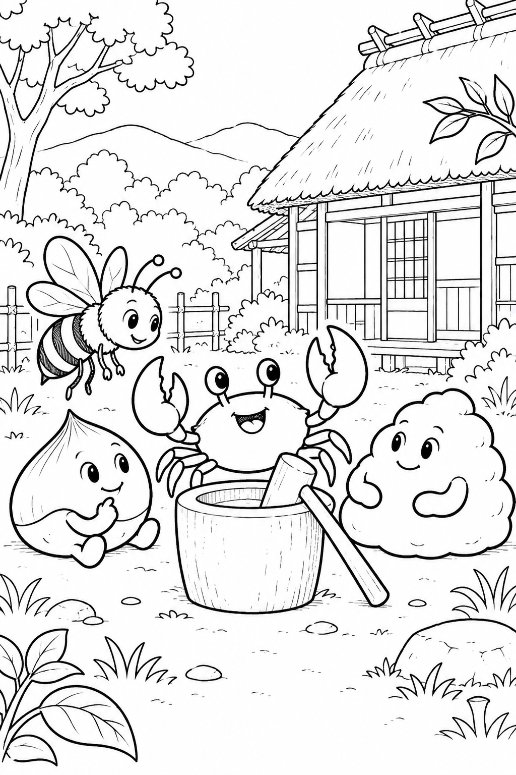 さるかに合戦 ほっこり：仲間たちの作戦会議の塗り絵