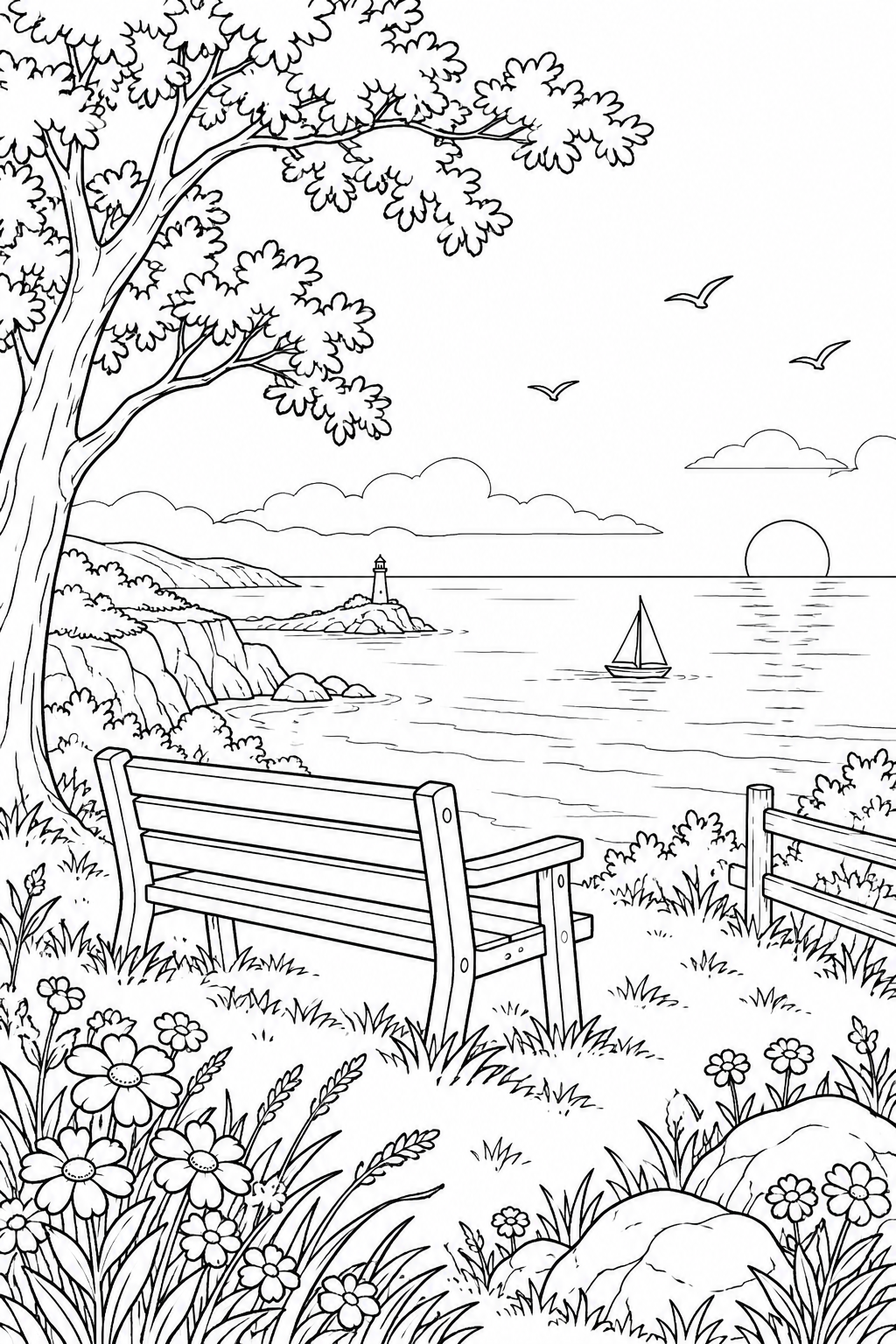 海を見下ろす草原のベンチの塗り絵