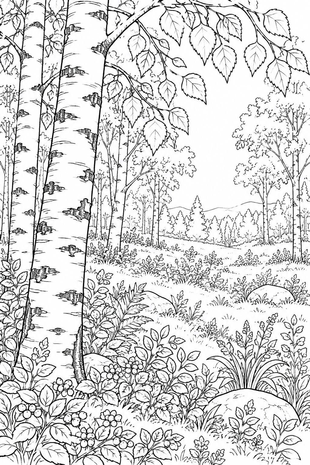 Coloriage Scène de nature : Troncs et feuilles de bouleau