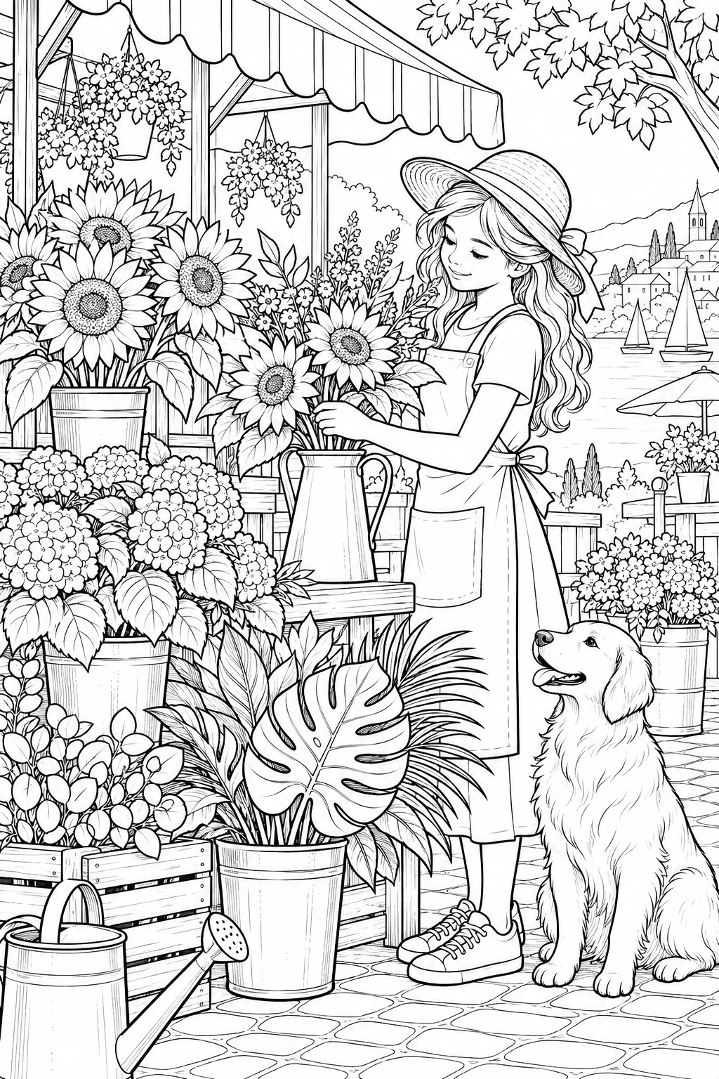 夏の花屋さんの小さな屋台の塗り絵