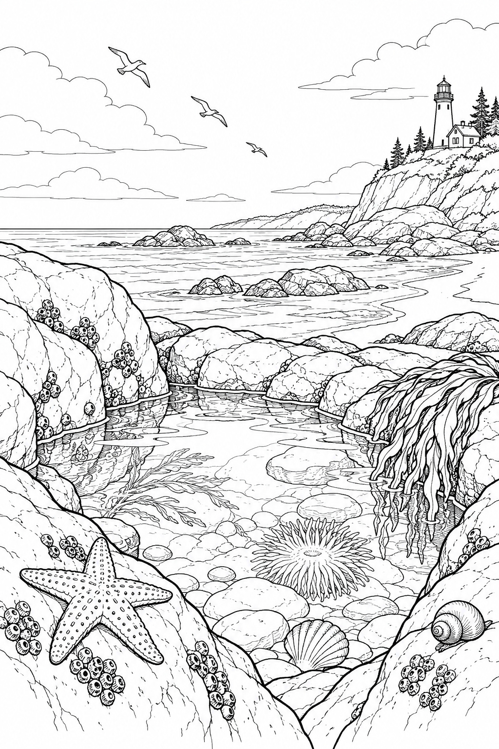 自然のひとこま：岩の間の小さな潮だまりの塗り絵