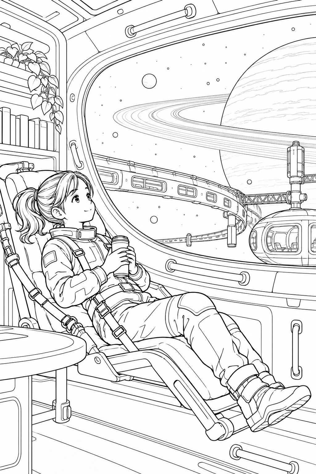 環のある惑星の軌道基地：窓のある休憩室の塗り絵