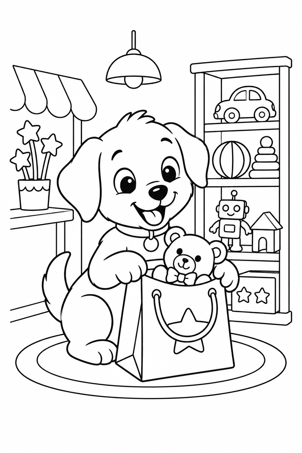 こいぬのおもちゃ屋さんのお買い物の塗り絵