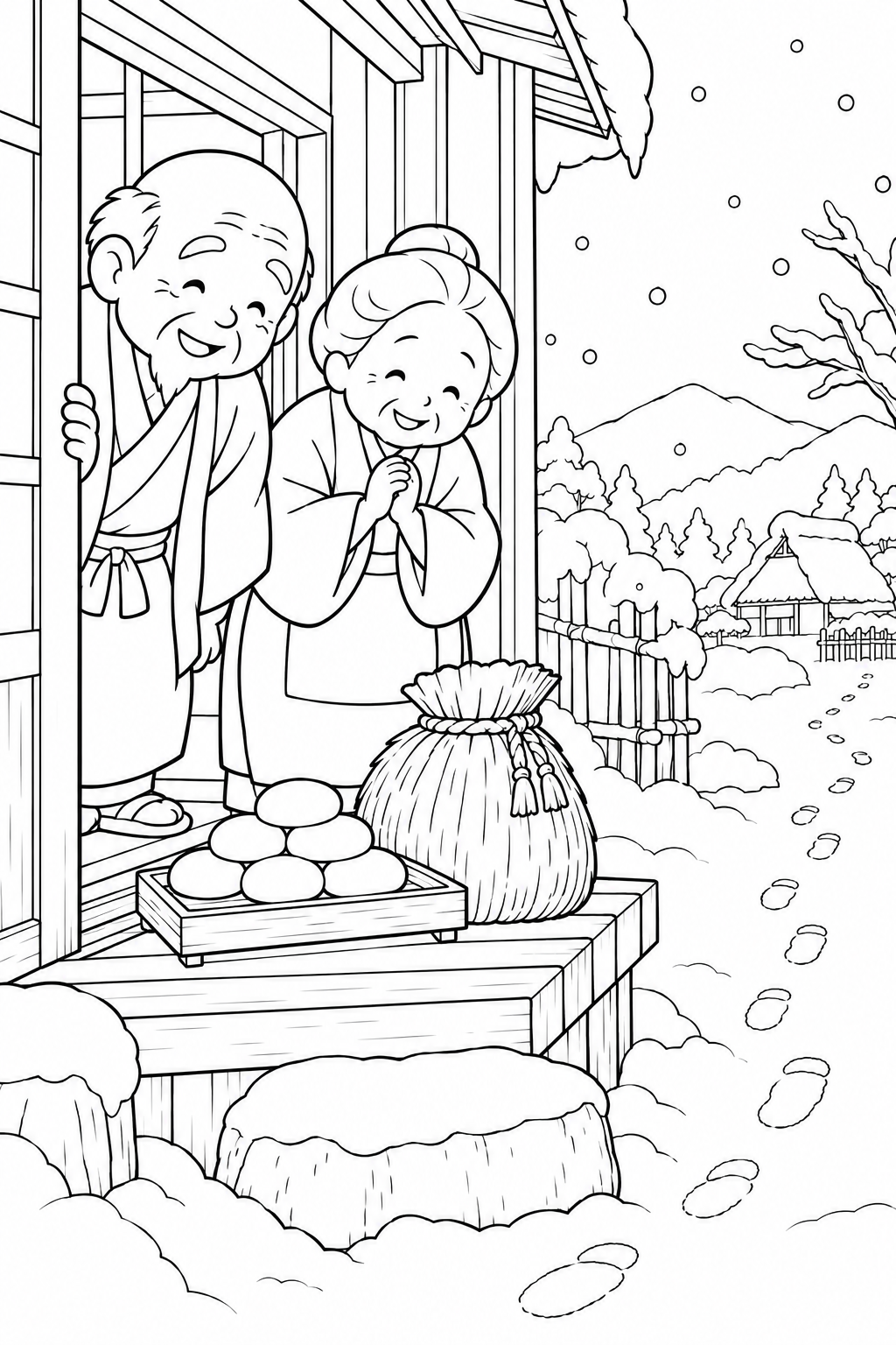 かさじぞう・戸口にとどいたおもちの塗り絵