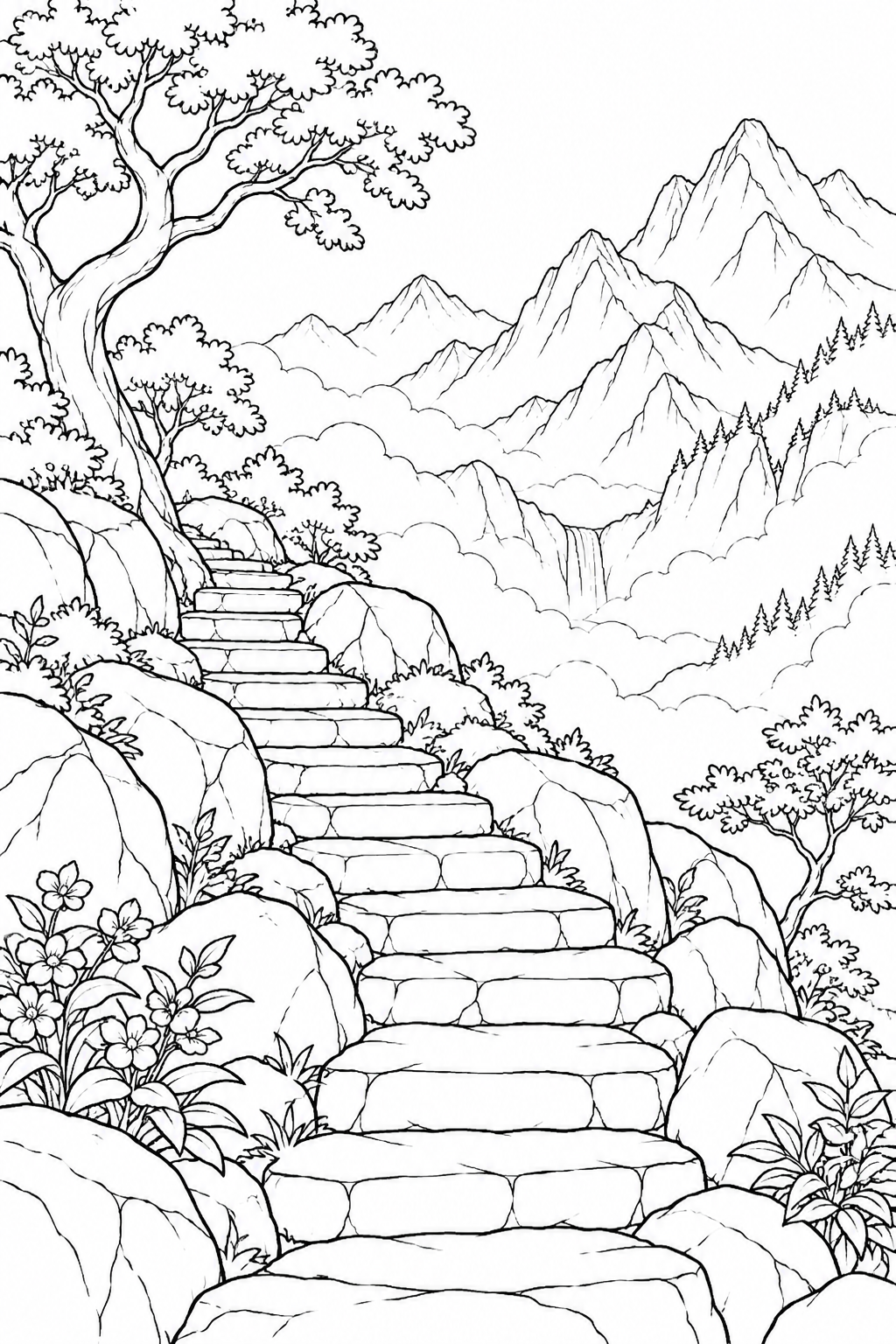 霧の山へ続く石段の塗り絵
