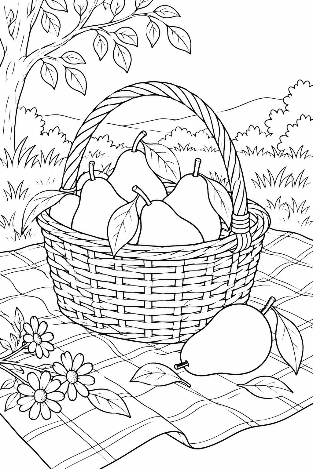 ピクニックの布と洋梨のかごの塗り絵